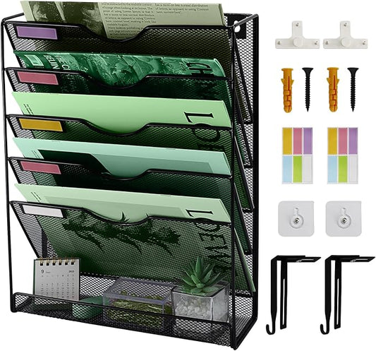 6-Tier Mesh Wall File Holder Organizer with Bottom Flat Tray, Vertical Hanging File Organizer, Office Hanging File Folder Magazine Rack, Nametag Label Hooks Set Included, Black