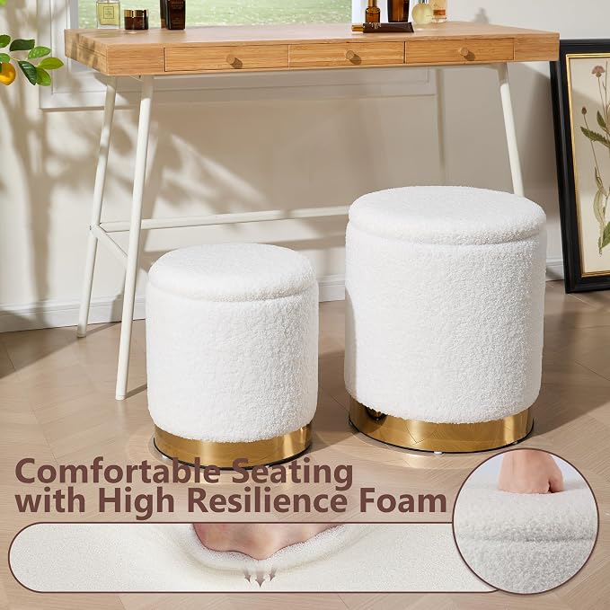 Royal Windsor Boucle Round Ottoman with Storage Set of 2, Vanity Stool with Storage for Bedroom, Ottoman Coffee Table Gold-Tone Ring Around The Base, Small Foot Stool for Living Room, White