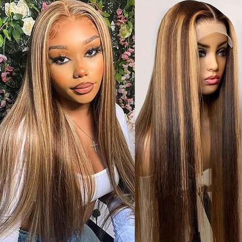 Kysonty 24 Inch Honey Blonde Ombre Lace Front Wig, Human Hair, Highlight, Straight, 180 Density, Glueless, 13x6 HD Lace Frontal Wig for Black Women, Pre-Plucked With Baby Hair, 4/27 Colored