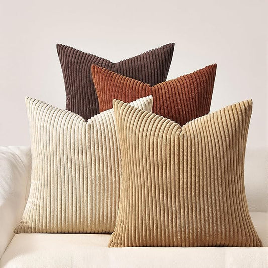 Topfinel 20x20 Decorative Pillow Covers Set of 4 Rustic Modern Soft Corduroy Striped Cushion Covers Beige Brown Gradient Farmhouse Pillow Case for Sofa Couch Living Room Bedroom