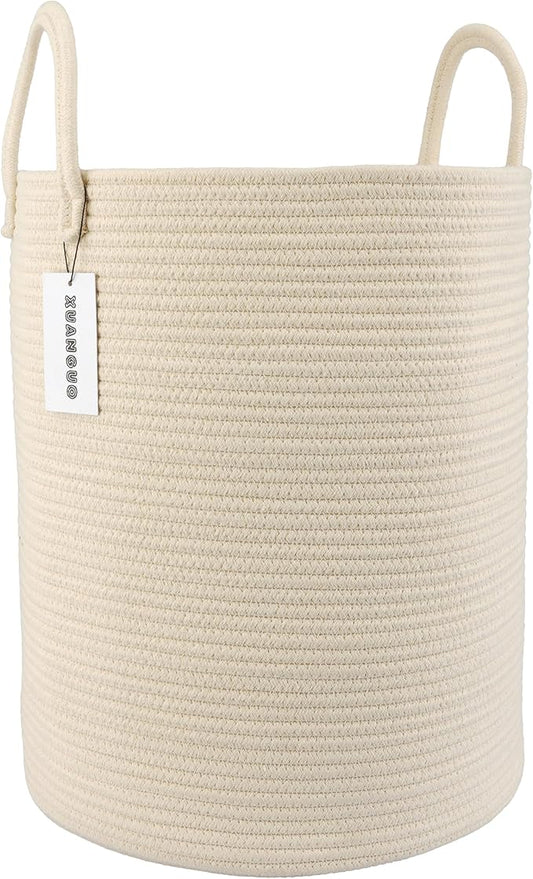 XUANGUO Cotton Rope Laundry Basket Hamper for Clothes Woven Storage Basket for Living Room Bedroom Boho Tall Rope Baskets for Blanket Toys Pillow Towels Baby Nursery Hamper Bin beige