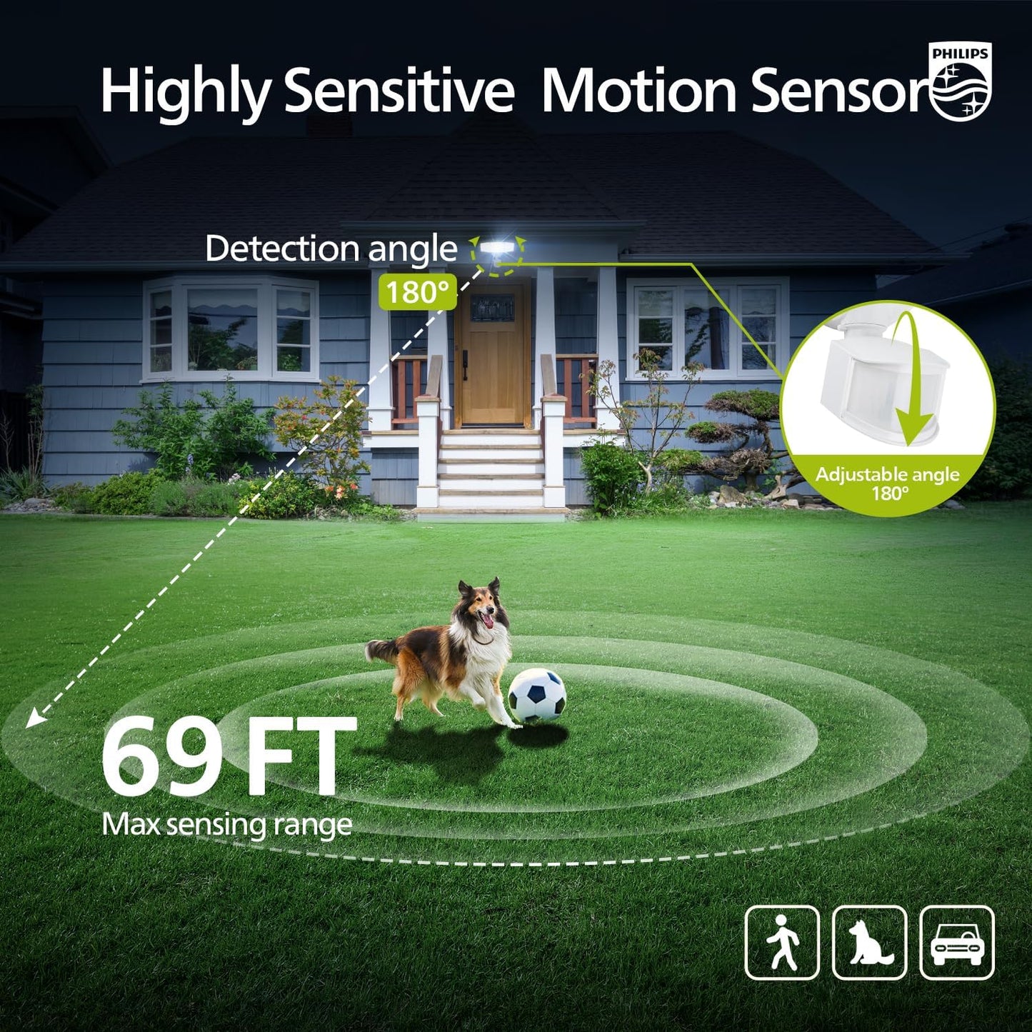 Philips 72W 7400LM LED Security Lights w/PIR Motion Sensor Outdoor, 5000K Daylight Dusk to Dawn Aluminum Flood Light, 3 Adjustable Heads, Waterproof for Garage, Yard, Porch