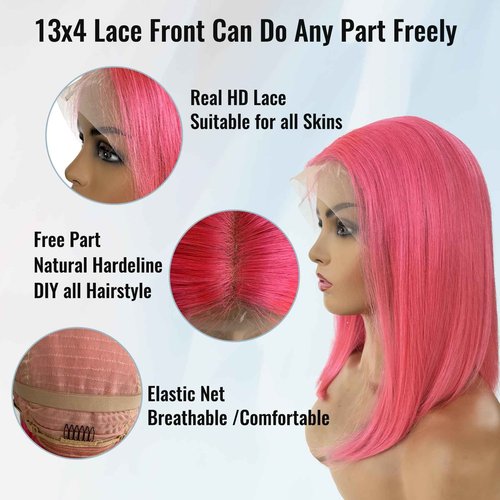Blonlier Pink Bob Wig Human Hair Glueless Wigs Human Hair Pre Plucked Pre Cut 13X4 HD Transparent Straight Pink Short Bob Wig Human Hair Frontal Lace Wig, 16in