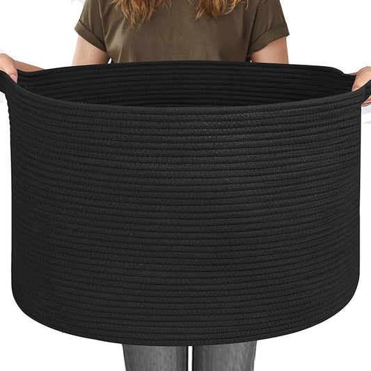 MEGASKET 115L Super Large Black Blanket Basket, 23.6"x15.7" Woven Rope Bin for Storage, Oversized Kids Dog Toy Storage Box Bins, XXXL Blanket Holder for Living Room, Jumbo Wicker Basket for Organizing