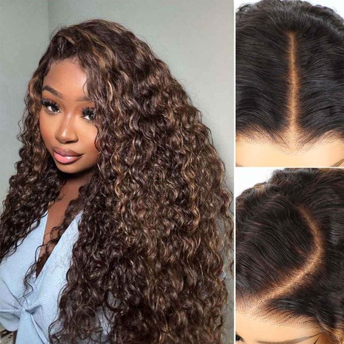 BLY Highlight Wear and Go Glueless Wig Water Wave Human Hair Wigs for Women 16 Inch 5x7 HD Lace Pre Cut Pre Plucked 2/30 Ombre Brown Colored Deep Wave Lace Front Wig 180% Density