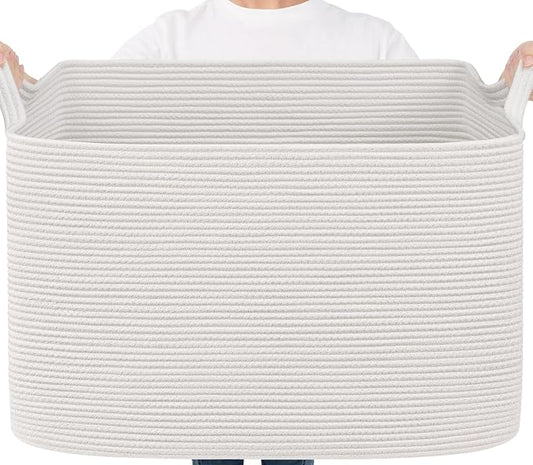 Goodpick 105L Extra Large Blanket Basket 25" x 16" x 16" Cotton Rope Storage Bins for Dirty Clothes, Rectangle Woven Baskets for Living Room Home Decor, Toy Baskets Storage Kids, White