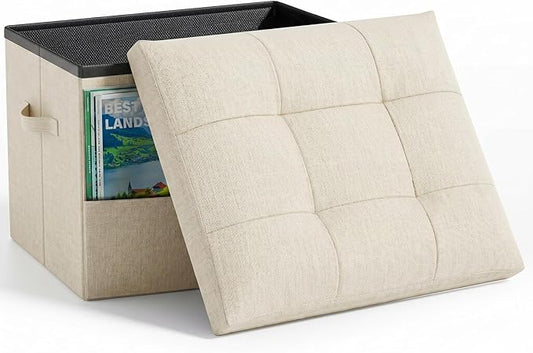 Dayacoco Storage Ottoman Foot Rest Stool, Foldable Foot Rest Stool with Thicker Foam Padded Seat, 43L Small Ottoman with Storage, Holds Up to 350lbs, 17x13x13in, Beige