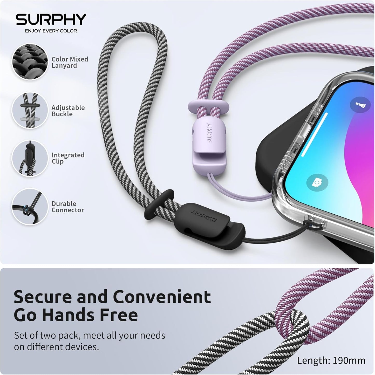 SURPHY 2 Pack Phone Lanyard for Cellphone Case, Phone Wrist Strap for Case, Cellphone Strap with 2-Color Braided, Charm Wrist Lanyard for Women, Cellphone Wrist Lanyard for Women, Black & Lilac