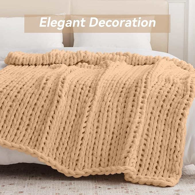Negwoo Chunky Knit Throw Blanket, 80''*90'' Knitted Throw Chenille Yarn for Bed Couch, Handmade Beige Crochet Big Thick Blanket, Machine Washable Cute Comfy Blanket for Home Decor