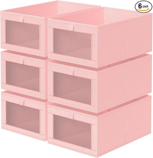 Criusia 6 Pack Linen Closet Organizers and Storage, Large Linen Closet Baskets for Organization, Foldable Storage Containers for Clothing, Towels, Jeans, Books, Shelves, Pink