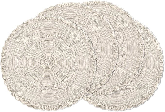 SHACOS Round Placemats Set of 4 Boho Braided Border Table Place Mats for Dining Table Wedding Holiday Party (Ivory Bordered, 4)