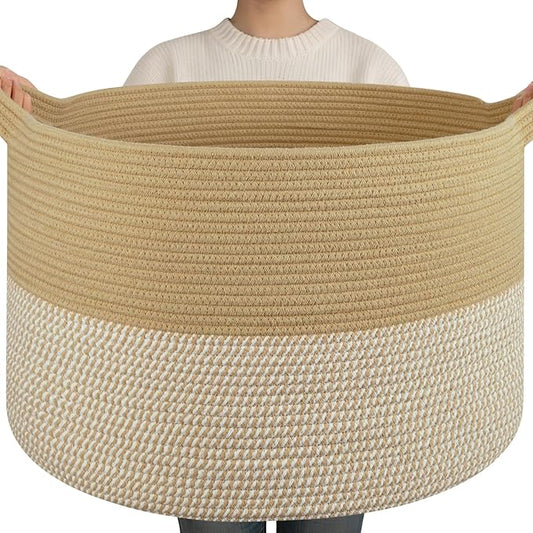 OIAHOMY 90L XXXLarge Blanket Basket for Living Room, 21.7" x 13.8" Woven Cotton Rope Laundry Basket for Organizing Pillows, Decorative Stuffed Animal Toy Storage for Nursery, Jute and White