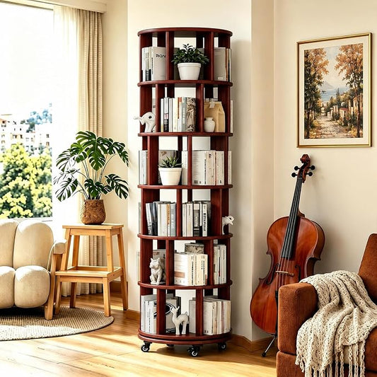 6 Tier Rotating Solid Wood Bookshelf, Corner Small Bookshelf Lazy Susan Organizer,Circular Rotating Spinning Bookshelf on Wheels, Revolving 360° Bookshelf for Small Spaces for Bedroom