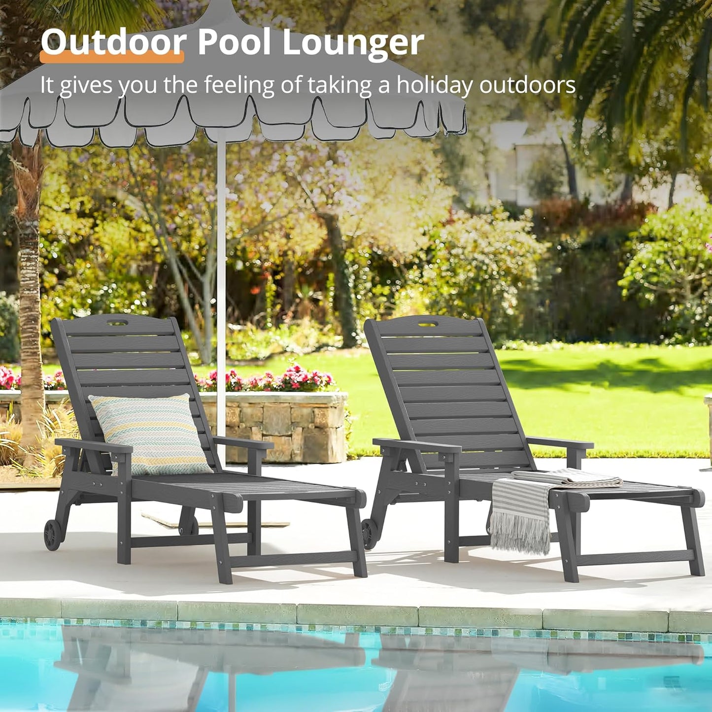 LUE BONA Outdoor Chaise Lounge Chairs Set of 4, 79'' Oversized HDPS Chaise Lounger, 5 Positions Adjustable Lounge Chairs, Pool Lounge Chair with Wheels for Poolside, 3 Year Warranty, Dark Gray