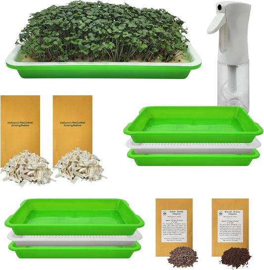 Complete Home Microgreens Kit - Indoor Garden System - Includes 2 Sets of Reusable Trays, Spray Mister, 2 pkgs of Hydroponic Growing Medium, Organic Radish and Broccoli Seeds