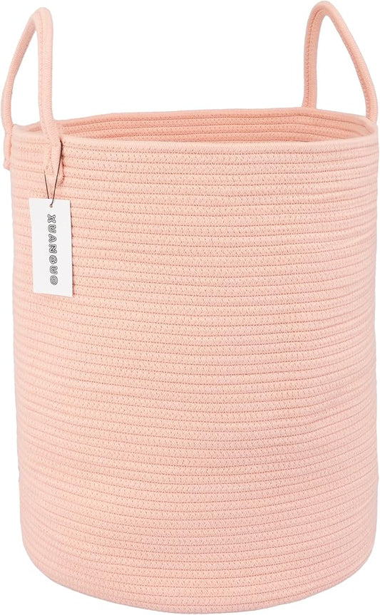 XUANGUO Cotton Rope Laundry Basket Hamper for Clothes Woven Storage Basket for Living Room Bedroom Boho Tall Rope Baskets for Blanket Toys Pillow Towels Baby Nursery Hamper Bin coral pink