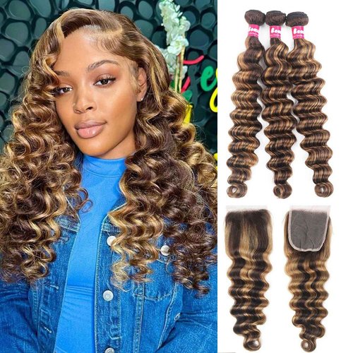 P4/27 Ombre Human Hair Bundles Loose Deep Wave Quick Weave Hair with Closure, 10A Brazilian Raw Deep Wave Human Hair Highlight Bundles with 4x4 Lace Closure(12 14 16+12inch, Honey Blonde Brown Color)