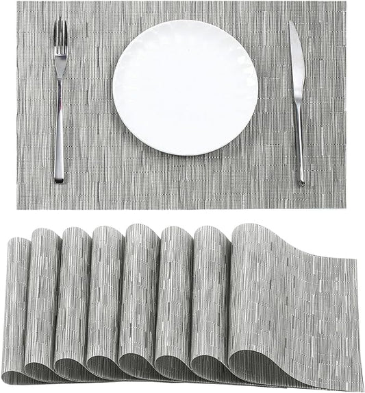 Leetaltree Silver Placemats Set of 8 - Heat Resistant Non-Slip Place mats for Dining Table, Washable Durable PVC Vinyl Woven Table Mats（Silver, 8）