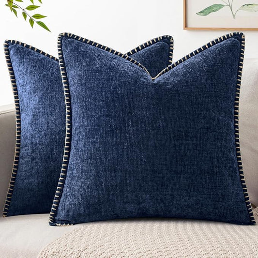 MIULEE Pack of 2 Couch Throw Pillow Covers 20x20 Inch Navy Farmhouse Decorative Pillow Covers with Stitched Edge Soft Chenille Solid Dyed Pillow Covers for Sofa Bed Living Room