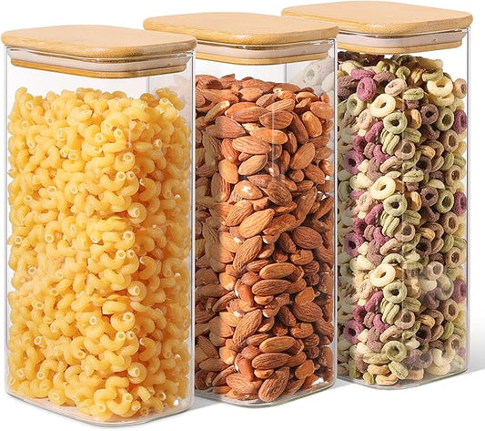 ComSaf 1.8Qt Rectangular Glass Food Storage Containers with Lids, 3-Piece Airtight Cereal Containers Storage, Glass Jars with Bamboo Lids, Space Saving Pantry Organizers for Flour, Pasta, Nut & Coffee