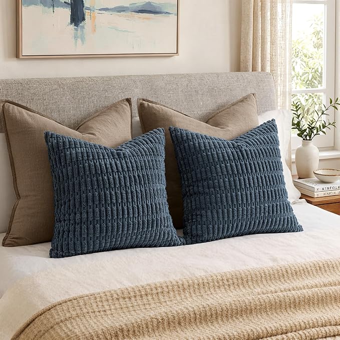 MIULEE Pack of 2 Corduroy Decorative Throw Pillow Covers 18x18 Inch Soft Boho Striped Pillow Covers Modern Farmhouse Home Decor for Summer Coastal Sofa Living Room Couch Bed Blue