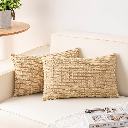 Aegero Pack of 2 Corduroy Decorative Throw Pillow Covers 12x24 Inch Soft Striped Pillow Covers Modern Farmhouse Home Decor for Sofa Living Room Couch Bed（Beige）