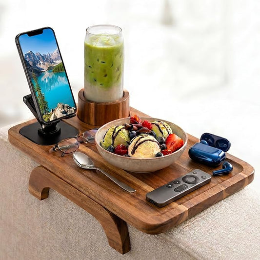 Couch Armrest Table with Cup Holder (15.31" x 9.65") - Acacia Sofa Arm Tray Organizer with Magnetic & 360° Rotating Phone Holder - Fits Couch Arm for Drinks, Snacks & Remote Control