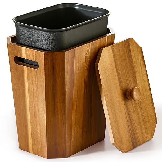 BLUEWEST 2.6 Gallons Acacia Wooden Bathroom Trash Can with Lid & PP Liner – Small Wastebasket with Handle, Decorative Wood Bin for Bedroom, Office or Under Counter Use