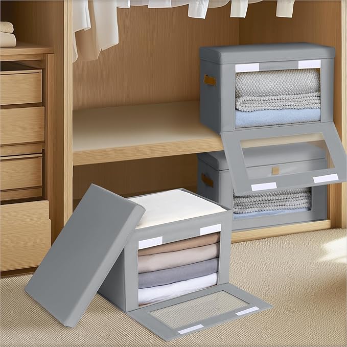 Homsorout Medium Fabric Storage bins - Collapsible Storage Bins with Open Window, 5 Pack Closet Baskets for Shelves, Stackable Decorative Boxes for Home, Dorm, Grey, 13.7"x 9.8" x 9.8"