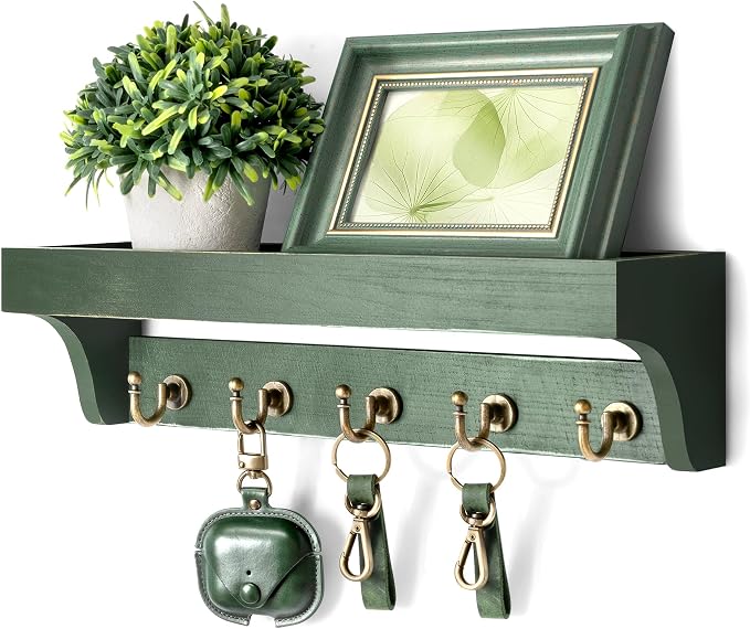 Rebee Vision Farmhouse Pine Wood Key Holder Wall Mount with Shelf for Home Improvement - Rustic Wall Mail Holder for Farmhouse Room Decor - Perfect Mail Organizer for Home (Green)
