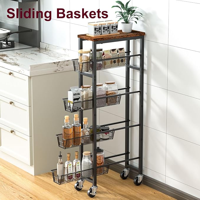 Honest Slim Storage Cart 4-Tier Slim Rolling Cart with Metal Frame and Wooden Top, 6.3 Inches, Storage Cart for Kitchen, Dining Room, Living Room, Bathroom, Home Office, Rustic Brown and Black