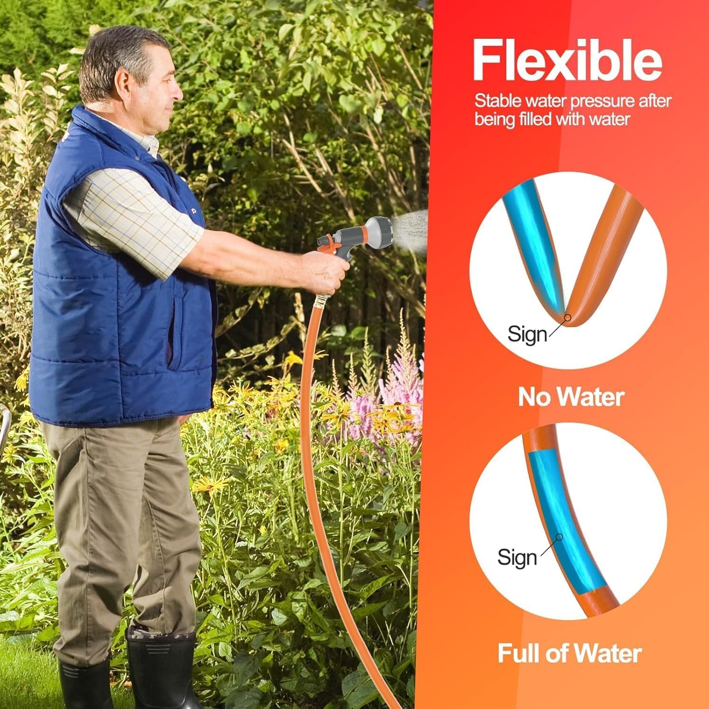 Garden Water Hose 150 ft x 3/4 in Heavy Duty, Flexible and Lightweight, Burst 600 psi, Kink-less Hybrid Rubber Pipe for Backyard, 3/4'' Brass Fittings, Orange