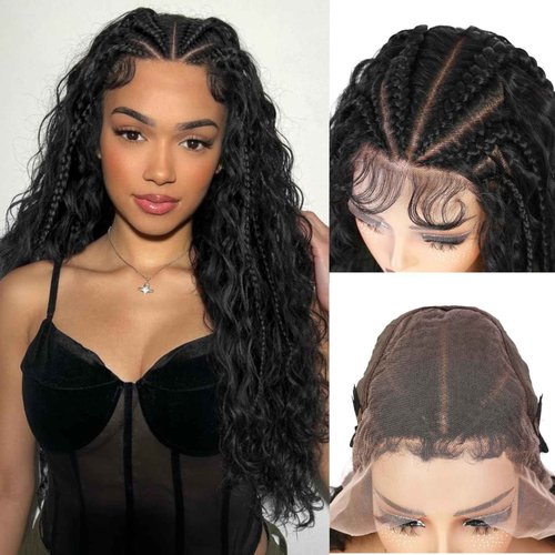 quickwig Braided Curly Wig for Black Women 13x6 Handmade Cornrow Braids Wig Boho Fulani Braid 26 Inch Glueless Black Long Curly Synthetic Wigs 2-in-1 Versatile Style Lace Front Wigs with Baby Hair 1B