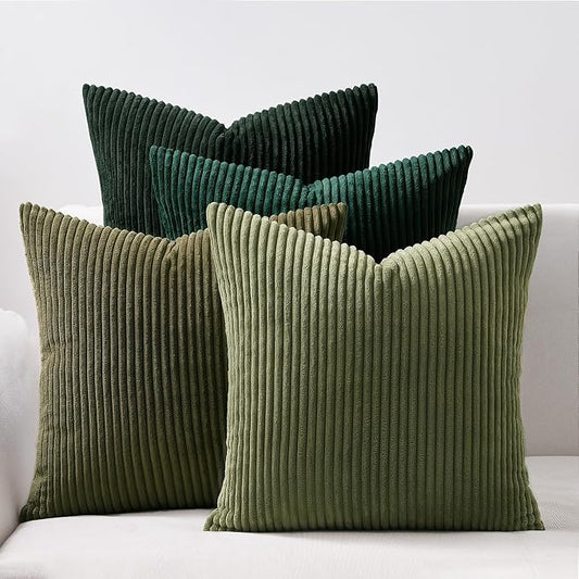 Topfinel Christmas Decorative Throw Pillow Covers Green Series,Winter Fluffy Corduroy Striped Euro Pillows Shams for Couch Bed Bedroom,Western Modern Hunter Green Pillowcase 24x24 Inch Set of 4