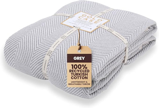 Gold Case Throw Blanket for Bed - 100% Recycled Turkish Cotton Blanket - Elegant Lightweight Soft Throw Blankets for Bed & Living Room - Twin Size Cozy Blankets - 71x90 - Grey