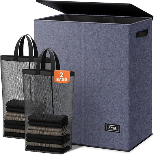 SOLEDI Large Double Laundry Hamper with Lid, Collapsible Clothes Hamper 2 section with Removable Bags, Space-Saving Laundry Basket for Bedroom, Dorm, College