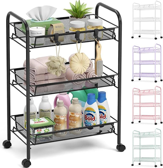 TOOLF 3-Tier Metal Rolling Cart, Mesh Wire Easy Assemble Utility Cart, Storage Trolley on Wheels with 3 Hooks, MetalStorage Shelving Units for Kitchen Bathroom Laundry Room