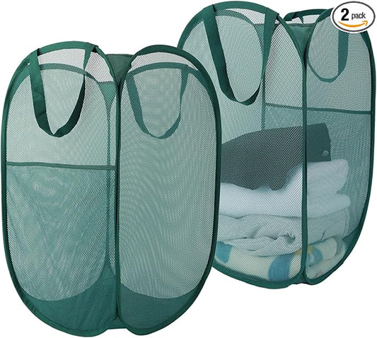 Upgraded 100L Extra Large Collapsible Laundry Baskets, 2 Pack XL Mesh Pop Up Laundry Hamper with Handles, Portable Travel Laundry Basket, Foldable Hamper. Green