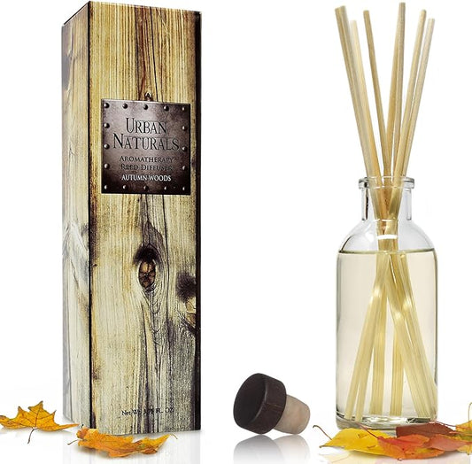 Urban Naturals Autumn Woods Reed Diffuser Set - Dark Walnut, English Lavender and White Amber - A Fresh, Earthy, Woodsy Fall Forage Scent - Made in the USA
