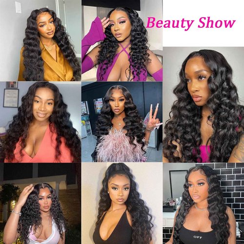 Pinjuoo Loose Deep Wave 3 Bundles with 4x4 HD Lace Closure 16 18 20+14 Inch 100% Unprocessed Remy Brazilian Hair Wet and Wavy Bundles with Closure Human Hair Natural Black Color for Women