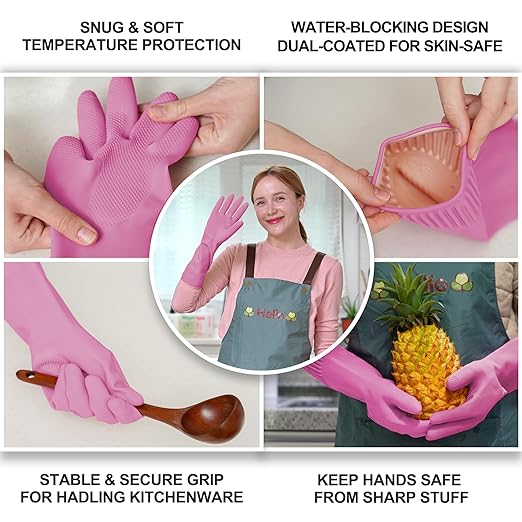 DABOGOSA Mamison 2 Pairs Reusable Waterproof Household Dishwashing Cleaning Rubber Gloves, Non-Slip Kitchen Glove (Pink, Large (Pack of 2))