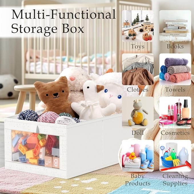 Criusia 4 Pack Closet Organizers and Storage, Large Linen Closet Baskets for Organization, Foldable Storage Containers for Towels, Clothing, Jeans, Books, Shelves, White