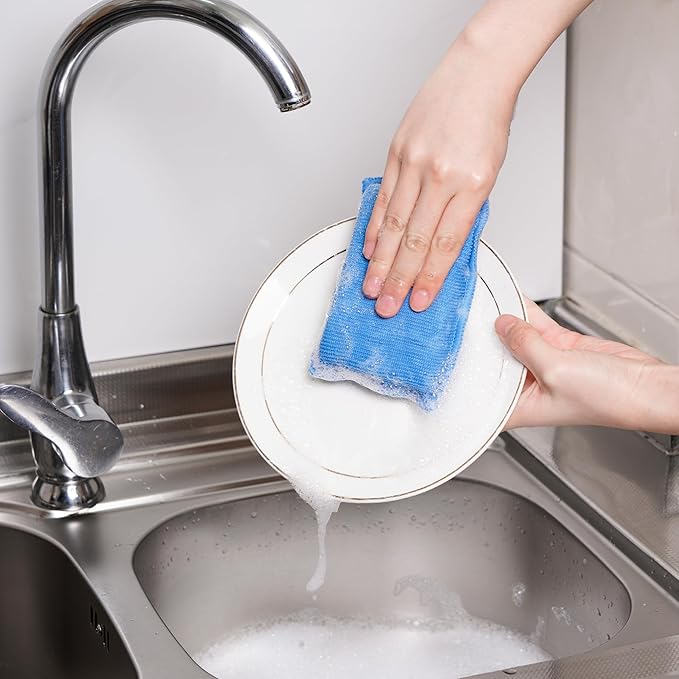 SCRUBIT Reusable Sponges for Dishes - 12 Pack Microfiber Sponges Kitchen Dish Scrubber, Machine Washable & Non-Scratch Scrubbers (Blue)