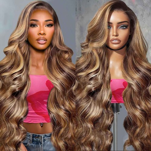 Hepnok Honey Blonde Highlight Wig Human Hair Ombre Body Wave 13x6 HD Lace Front Wigs Human Hair Pre Plucked 200% Density P4/27 Brown Highlight Colored Lace Frontal Glueless Wigs for Women 20 Inch
