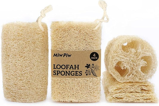 Natural Loofah Sponge (Pack 4) - Exfoliating Body for Bath or Dish Scrubber for Kitchen - 100% Biodegradable Compostable Zero Waste Dishwashing Scouring Pad