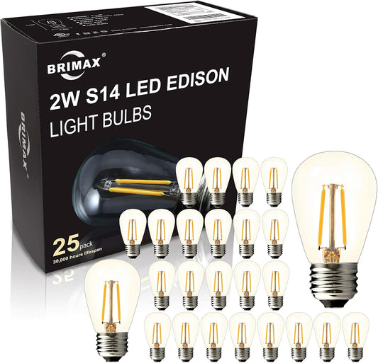BRIMAX 25 Pack 2W S14 Replacement LED Light Bulbs for Outdoor String Lights, 2200K Warm White, Shatterproof & Waterproof,E26 Medium Base Vintage Edison Light Bulbs