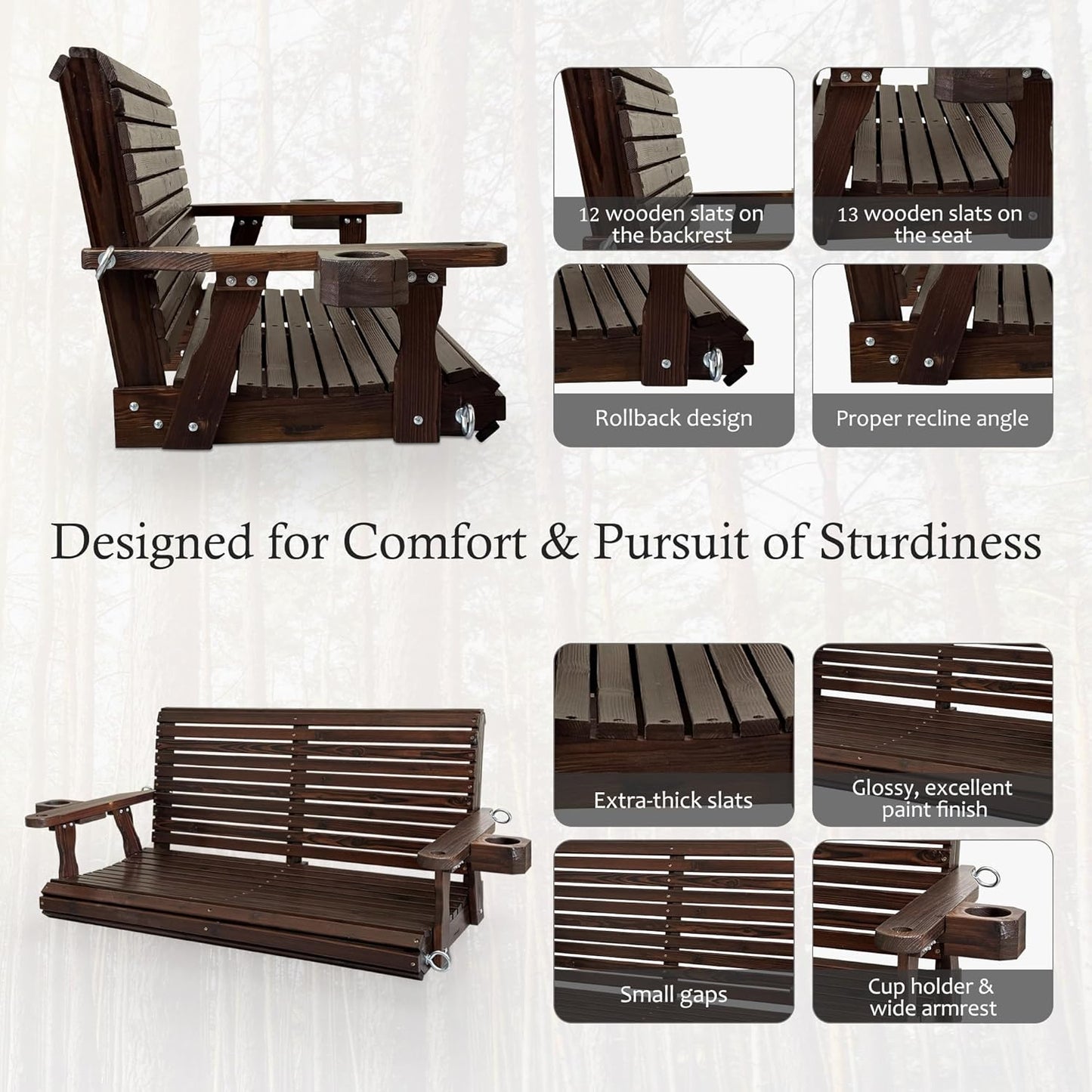 Wooden Porch Swing 2-Seater, High Backrest and Deep Seat, Bench Swing with Cupholders, Hanging Chains and 7mm Springs, Heavy Duty 880 LBS, for Outdoor Patio Garden (Deep Brown, 4.5 feet Extra-Large)