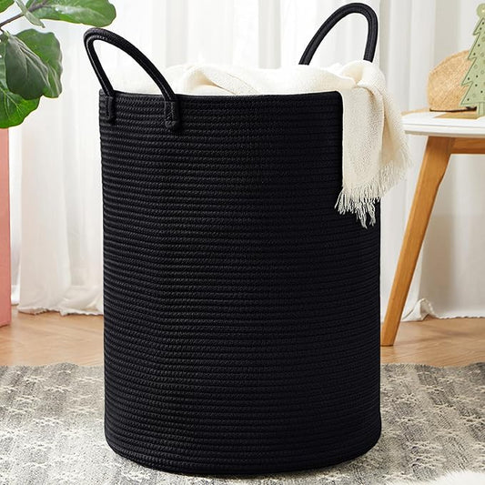 80L Extra Large Black Laundry Hamper Tall Woven Rope Laundry Basket for Clothes Modern Blanket Storage Basket in Living Room Bedroom 16"L x 16"W x 22"H