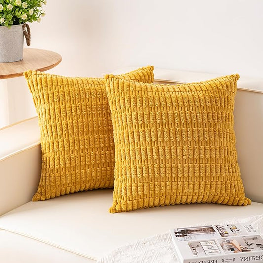 Aegero Pack of 2 Corduroy Decorative Throw Pillow Covers 24x24 InchSoft Striped Pillow Covers Modern Farmhouse Home Decor for Sofa Living Room Couch Bed（Yellow）