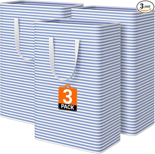 3 Pack Large Laundry Basket,Waterproof & Freestanding Laundry Hamper,Collapsible Clothes Hampers with Easy Carry Long & Reinforced Handles in Bathroom,College Dorm(125Lx3,Blue)